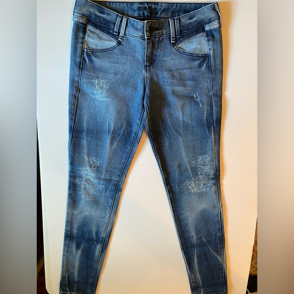Bebe Patchwork and Distressed Skinny Stretch Blue Jeans, Size 27 - Picture 5 of 9